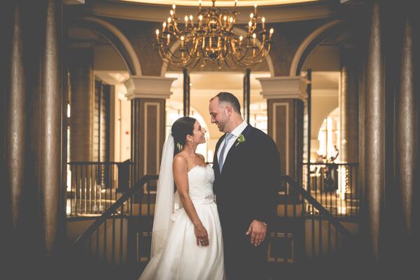 Bride and groom in the hall at The Elysium, Paphos, photographed by Evagoras Mandrides