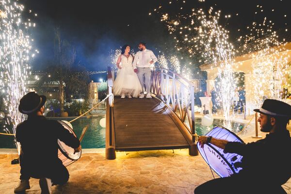The couple arriving at their reception at Ktima George Marie, Tochni, photographed by Evagoras Mandrides